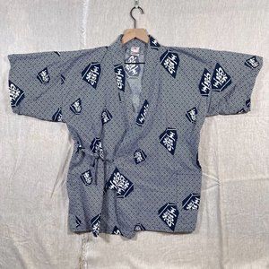 VTG 90s Sakurai Shoji Co. Kimono Noragi Blue White Geometric Shogi Tile Sz S